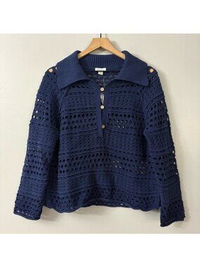 Sundance Women's Blue Nayumi Pointelle Open Knit Henley Pullover Sweater